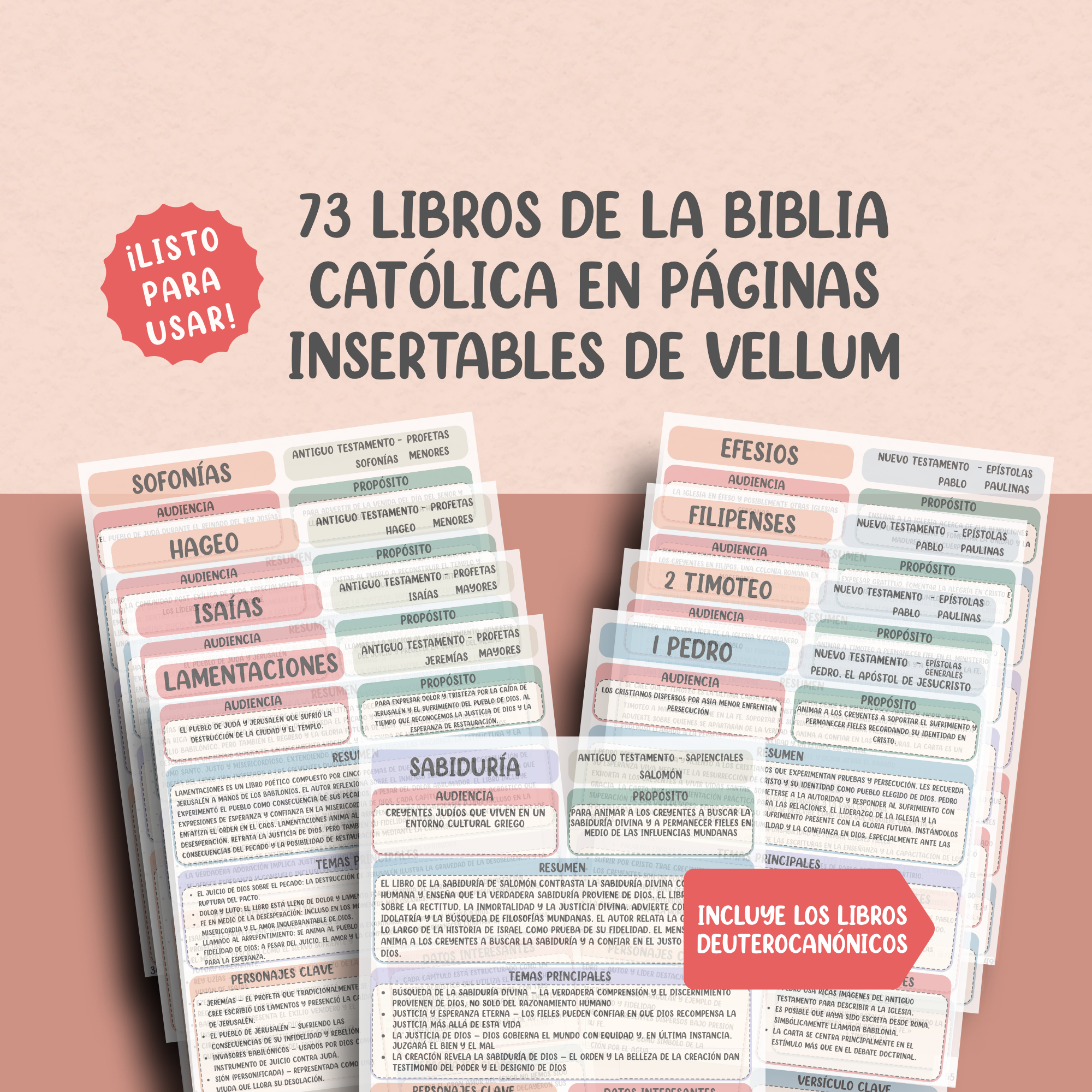 73 Libros de la Biblia Católica en Páginas Insertables de Vellum