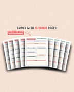 Set of planner pages with text indicating 15 bonus pages on a beige background