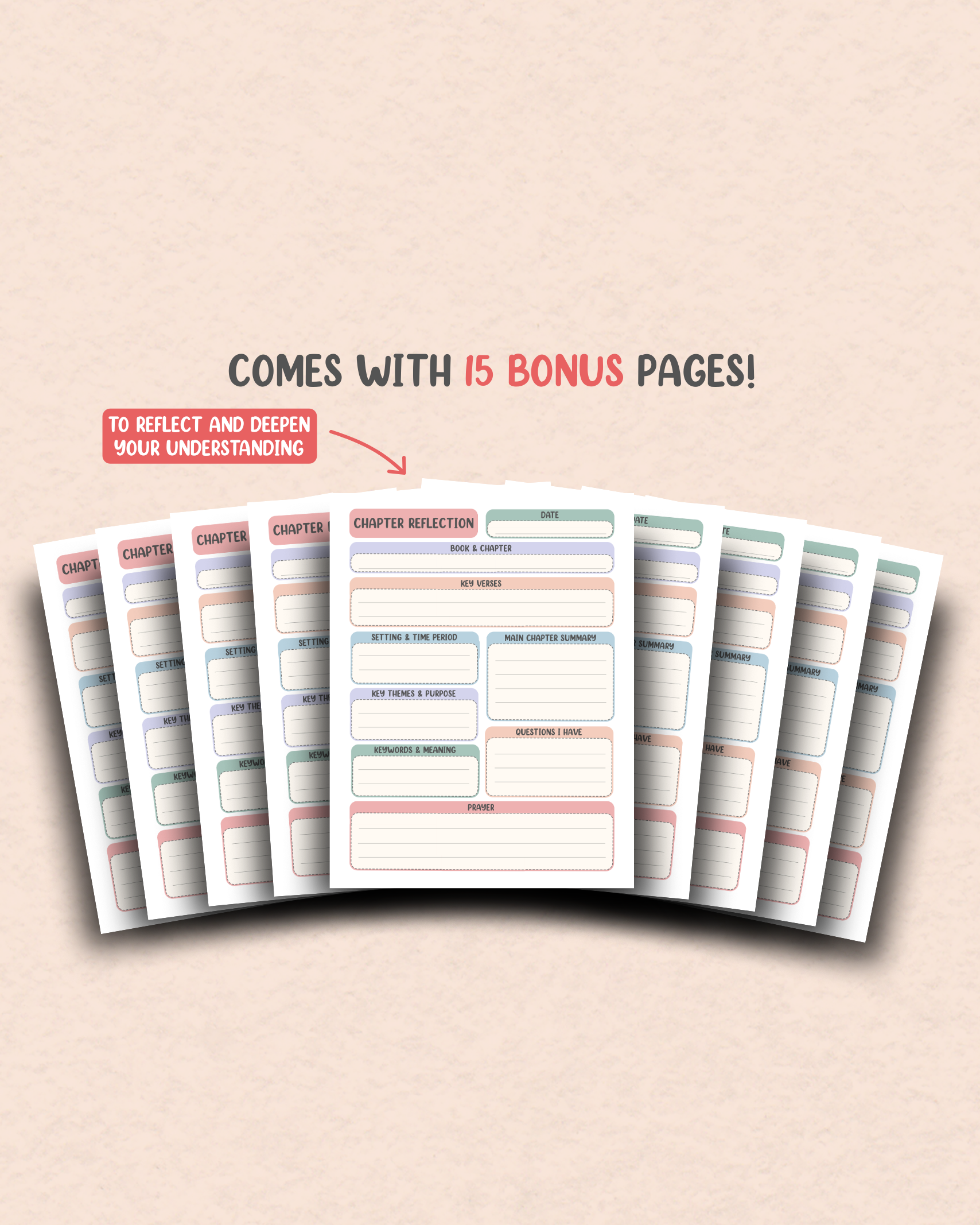 Set of planner pages with text indicating 15 bonus pages on a beige background
