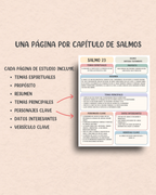 Ejemplo de página de la guía de estudio de los Salmos en español con resumen capítulo por capítulo, temas espirituales, propósito, personajes clave, datos interesantes y versículo clave para profundizar en el estudio bíblico.